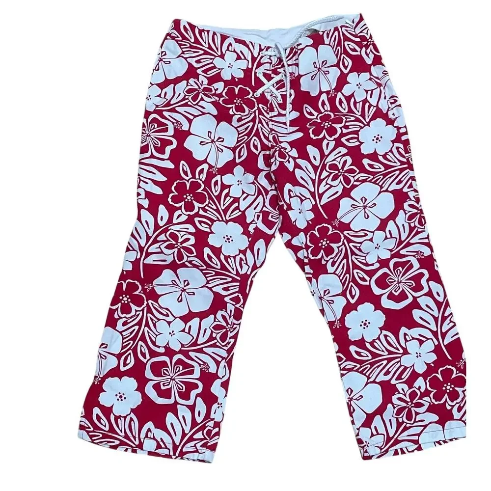 Vintage Y2K Kids 10 Pull On Red White Floral Hawaiian Print‎ Lightweight Pants